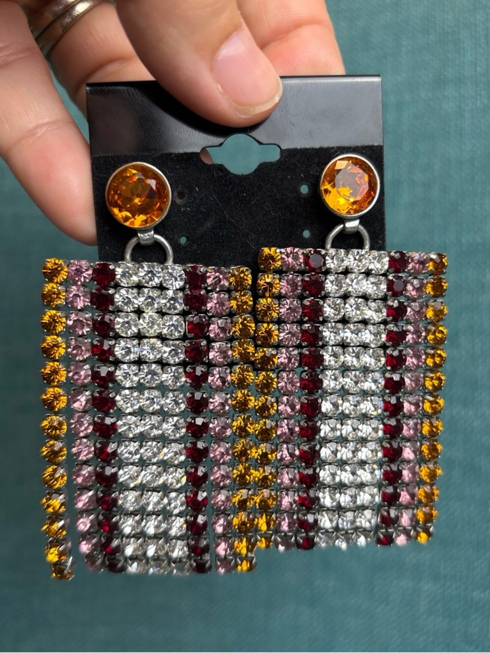 Crystal Fringe Drop Earrings - Amber, Clear & Ruby Tones